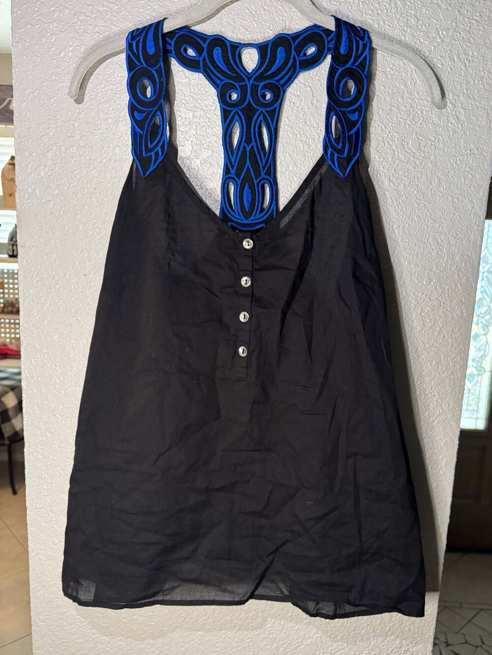 Gianni Bini Black Tank Top with Blue Embroidered Racerback
